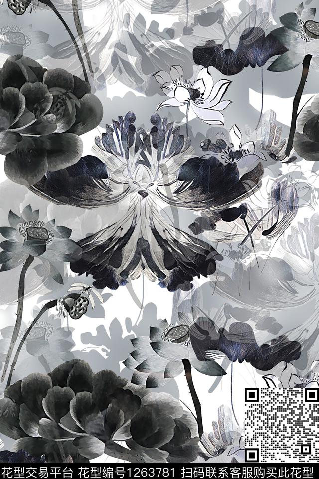 香云纱荷花水墨风数码印花华亿平台下载（图片编号: 1263781） - 瓦栏（Walan）