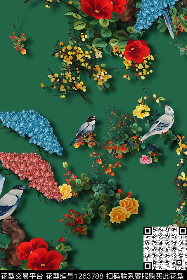 花鸟大牌风刺绣花卉数码印花华亿平台下载（图片编号: 1263788） - 瓦栏（Walan）
