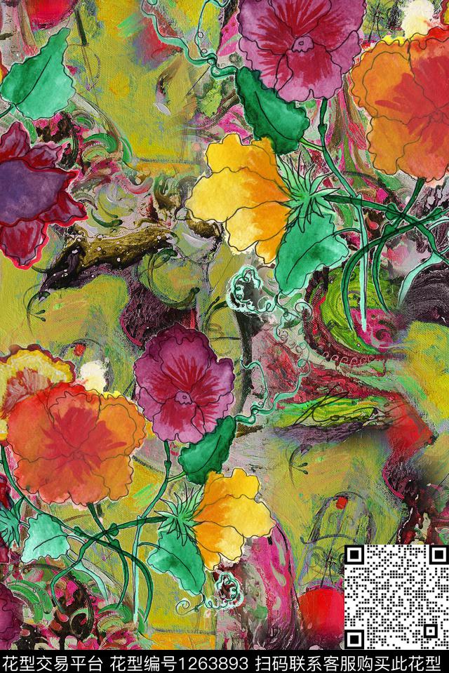 绿植树叶复古真丝数码印花华亿平台下载（图片编号: 1263893） - 瓦栏（Walan）