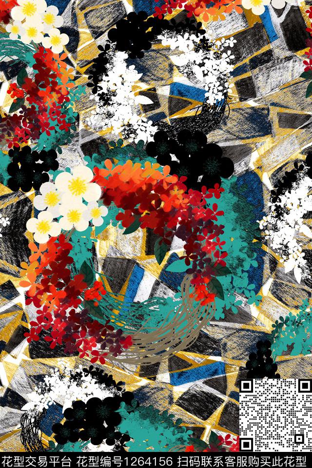 几何大牌风花卉数码印花华亿平台下载（图片编号: 1264156） - 瓦栏（Walan）