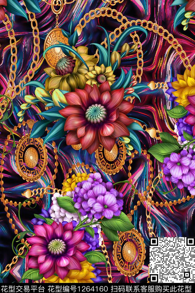 彩底花卉几何链条数码印花华亿平台下载（图片编号: 1264160） - 瓦栏（Walan）