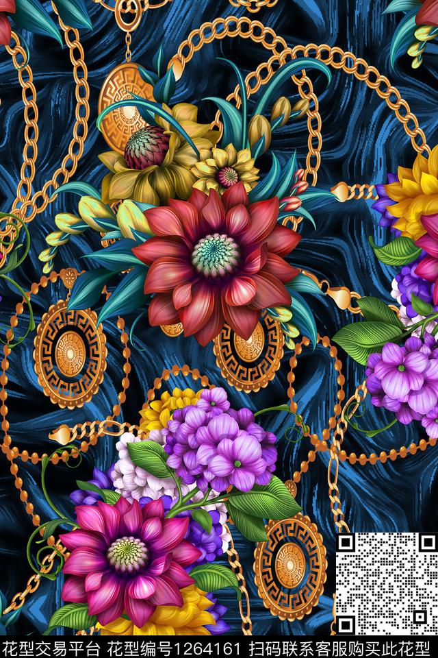 彩底花卉几何链条数码印花华亿平台下载（图片编号: 1264161） - 瓦栏（Walan）