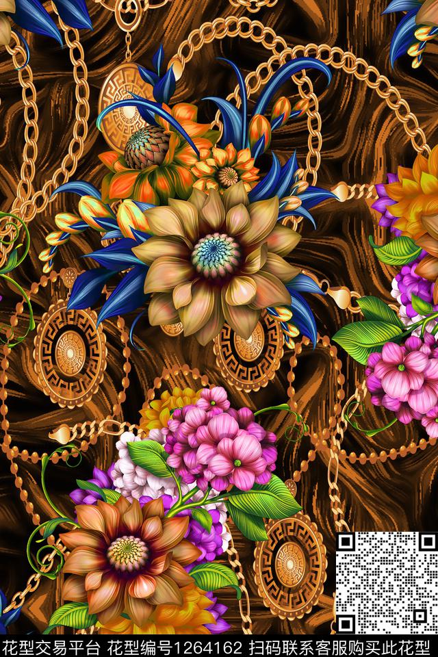 彩底花卉几何链条数码印花华亿平台下载（图片编号: 1264162） - 瓦栏（Walan）