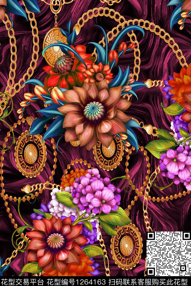 彩底花卉几何链条数码印花华亿平台下载（图片编号: 1264163） - 瓦栏（Walan）