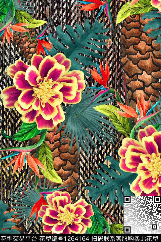 绿植树叶彩底花卉花卉数码印花华亿平台下载（图片编号: 1264164） - 瓦栏（Walan）