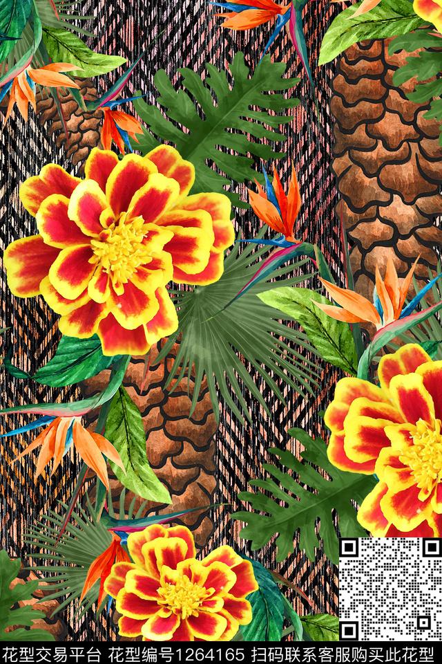 绿植树叶彩底花卉花卉数码印花华亿平台下载（图片编号: 1264165） - 瓦栏（Walan）