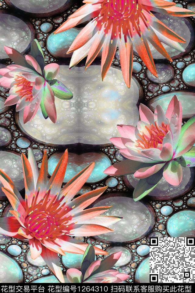 花卉荷花抽象数码印花华亿平台下载（图片编号: 1264310） - 瓦栏（Walan）