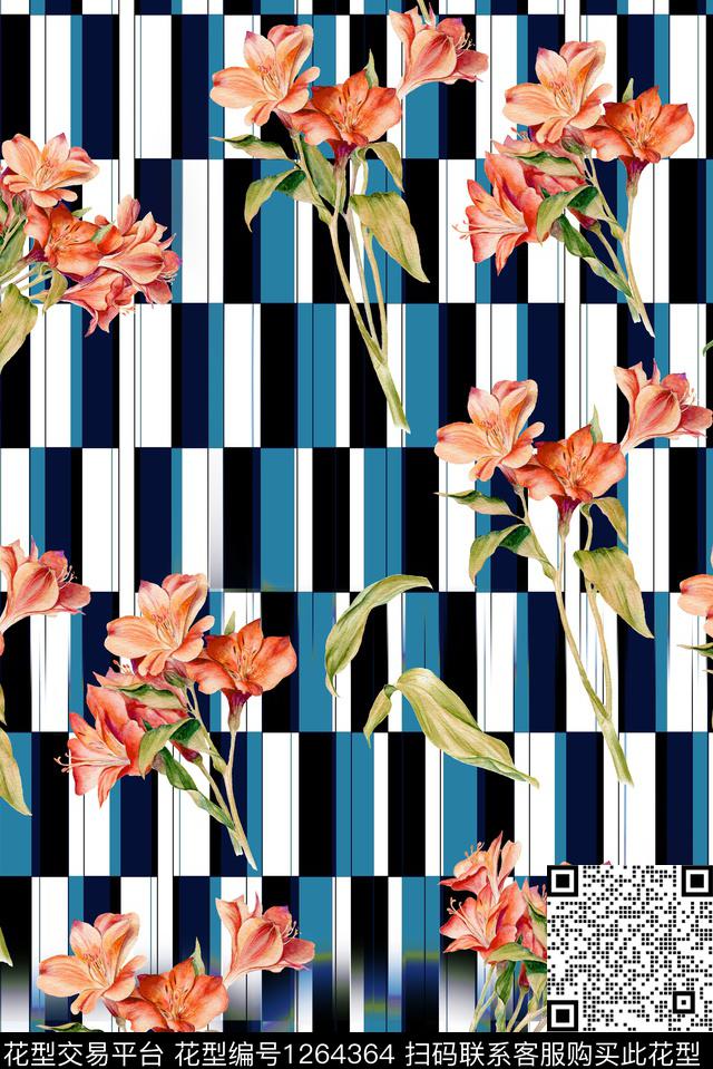 绿植树叶线条花卉几何花卉数码印花华亿平台下载（图片编号: 1264364） - 瓦栏（Walan）