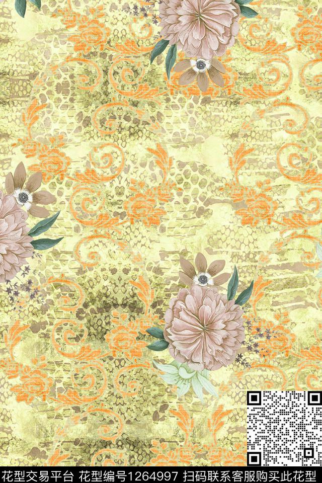 大牌风彩底花卉古典花纹数码印花华亿平台下载（图片编号: 1264997） - 瓦栏（Walan）