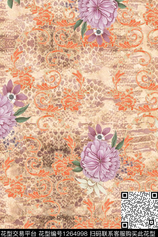 大牌风彩底花卉古典花纹数码印花华亿平台下载（图片编号: 1264998） - 瓦栏（Walan）