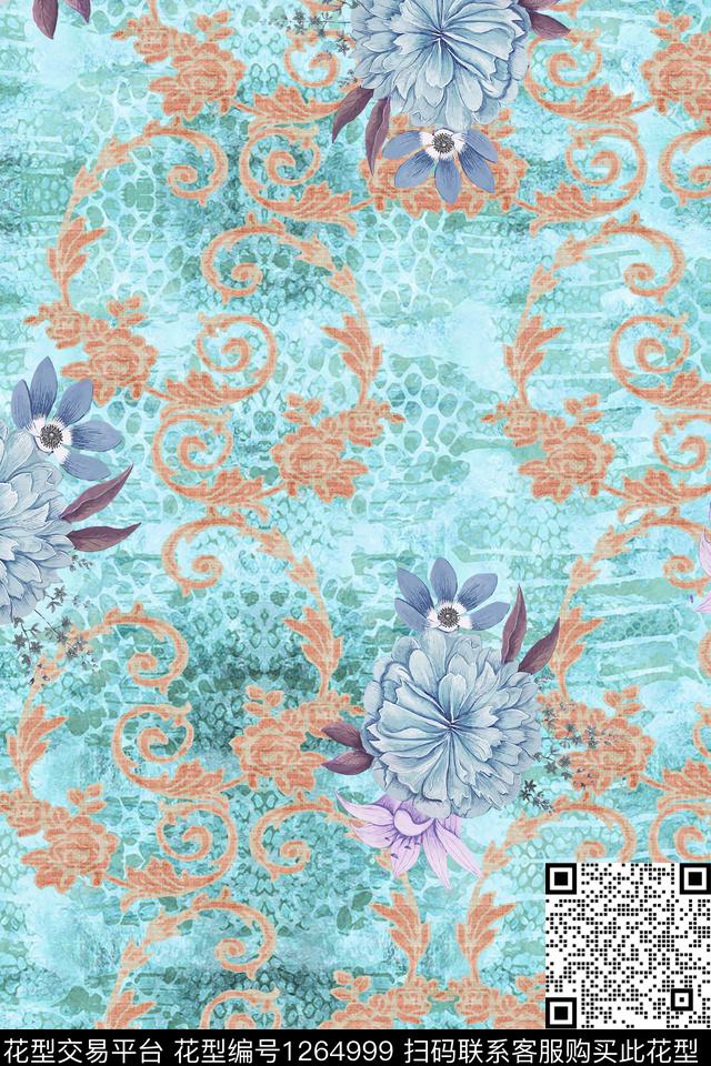 大牌风彩底花卉古典花纹数码印花华亿平台下载（图片编号: 1264999） - 瓦栏（Walan）