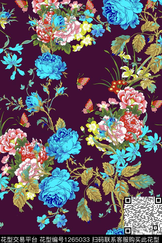 大牌风绿植树叶黑底花卉传统印花华亿平台下载（图片编号: 1265033） - 瓦栏（Walan）