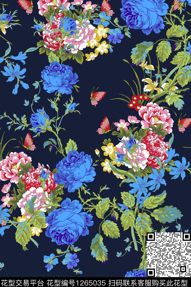 大牌风绿植树叶黑底花卉传统印花华亿平台下载（图片编号: 1265035） - 瓦栏（Walan）