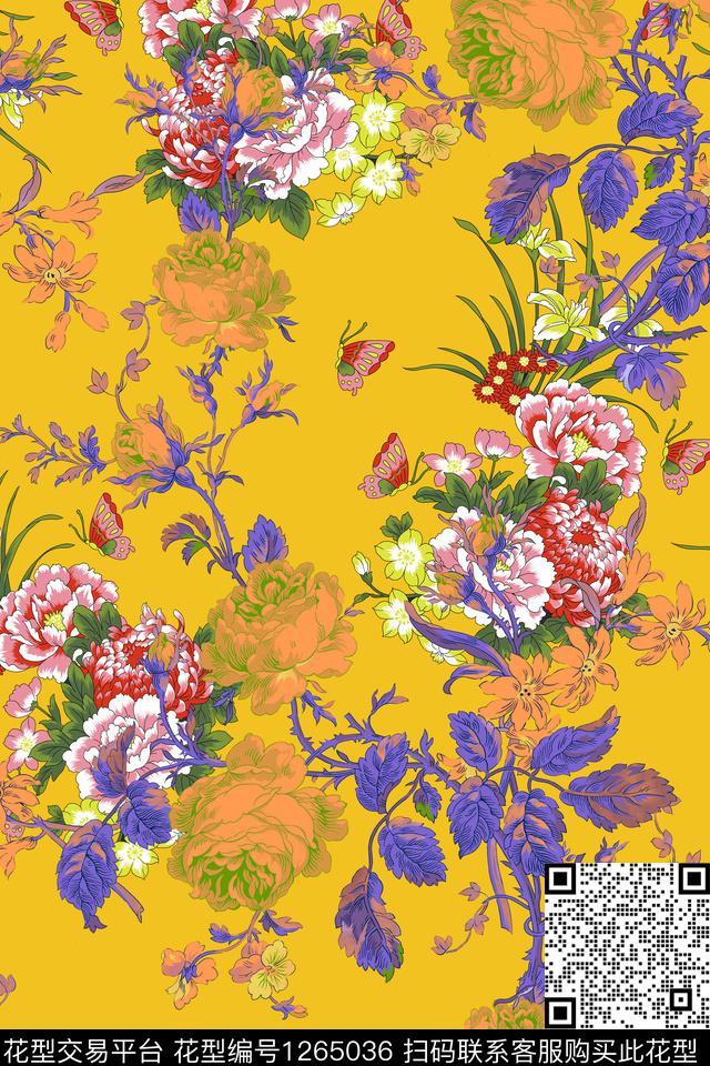 大牌风绿植树叶黑底花卉传统印花华亿平台下载（图片编号: 1265036） - 瓦栏（Walan）