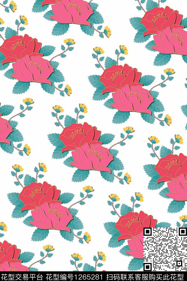 剪纸牡丹3D立体数码印花华亿平台下载（图片编号: 1265281） - 瓦栏（Walan）