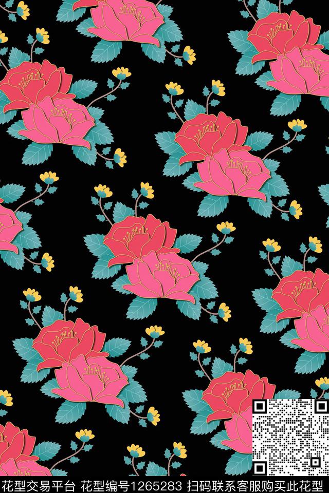 剪纸黑底花卉数码印花华亿平台下载（图片编号: 1265283） - 瓦栏（Walan）