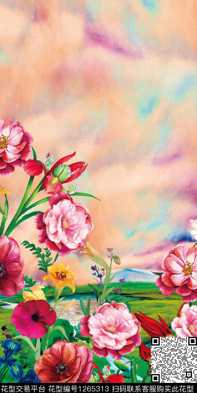 花卉绿植树叶定位花数码印花华亿平台下载（图片编号: 1265313） - 瓦栏（Walan）