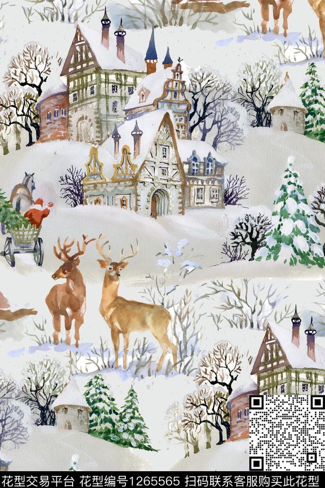 手绘水彩冬季景观数码印花华亿平台下载（图片编号: 1265565） - 瓦栏（Walan）