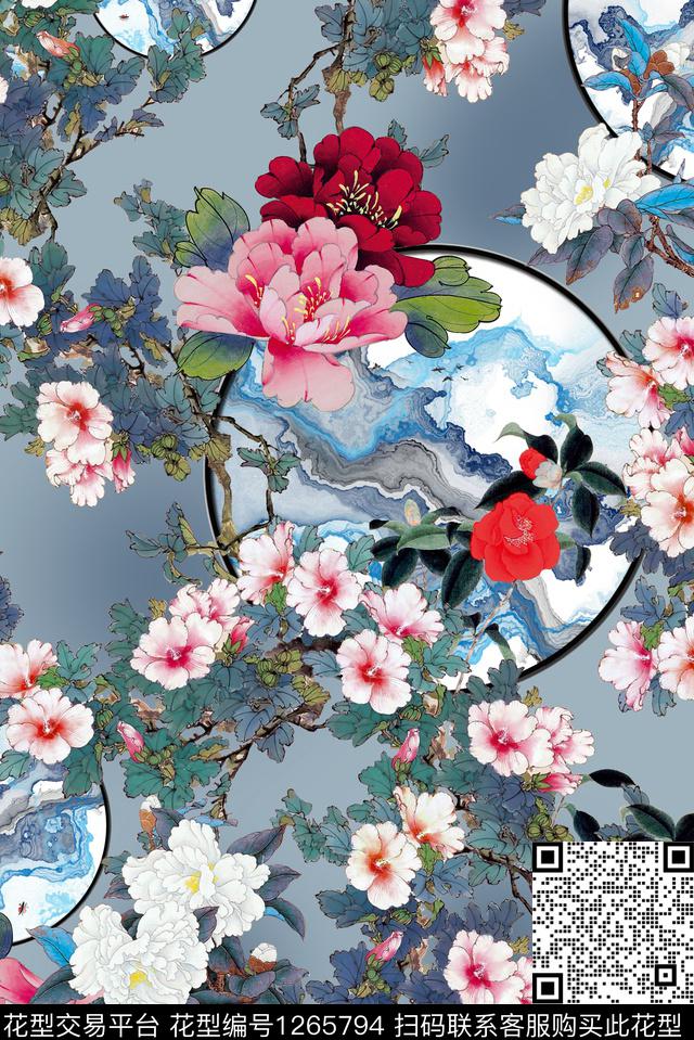 牡丹中国风旗袍数码印花华亿平台下载（图片编号: 1265794） - 瓦栏（Walan）