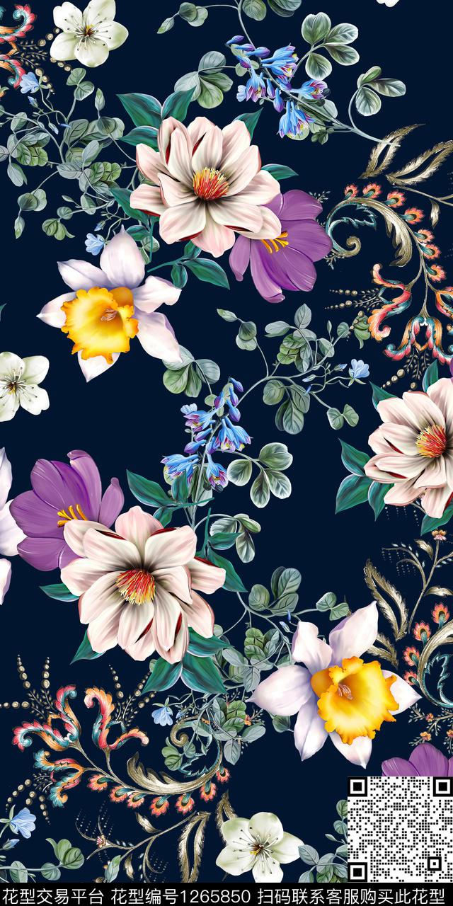 花卉手绘几何数码印花华亿平台下载（图片编号: 1265850） - 瓦栏（Walan）