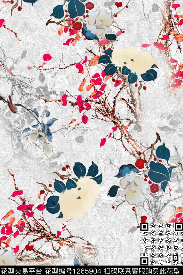 旗袍风绿植树叶花卉数码印花华亿平台下载（图片编号: 1265904） - 瓦栏（Walan）