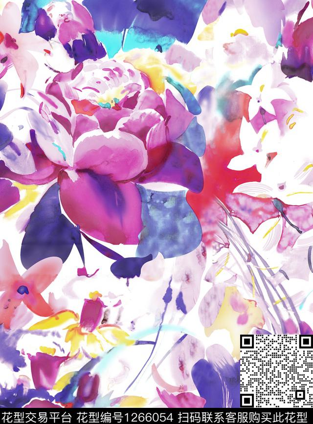 抽象花卉满版散花手绘大花数码印花华亿平台下载（图片编号: 1266054） - 瓦栏（Walan）