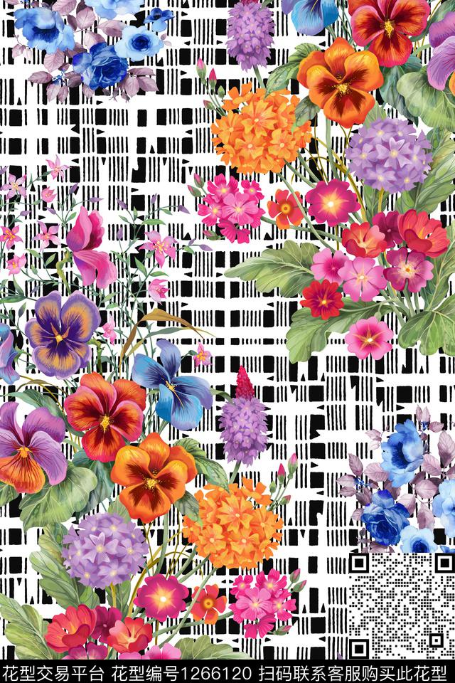 花卉大牌风几何数码印花华亿平台下载（图片编号: 1266120） - 瓦栏（Walan）