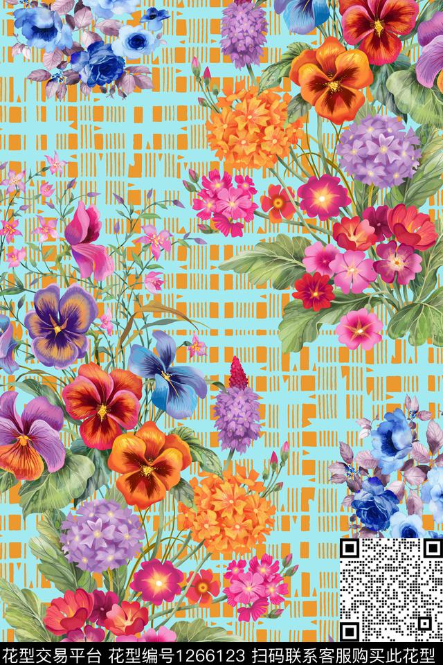 花卉大牌风几何数码印花华亿平台下载（图片编号: 1266123） - 瓦栏（Walan）