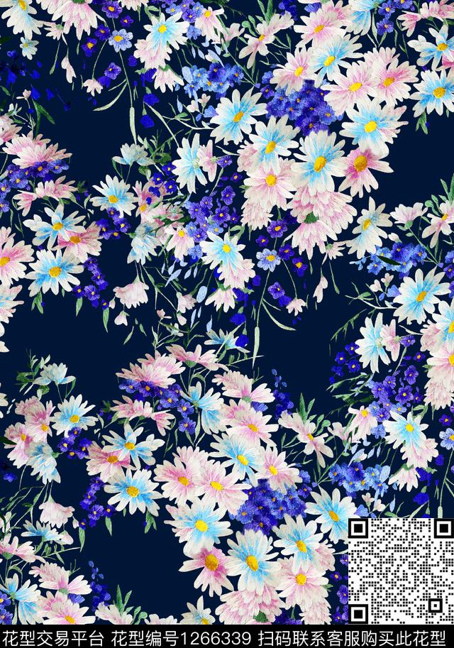 黑底花卉小雏菊中老年数码印花华亿平台下载（图片编号: 1266339） - 瓦栏（Walan）