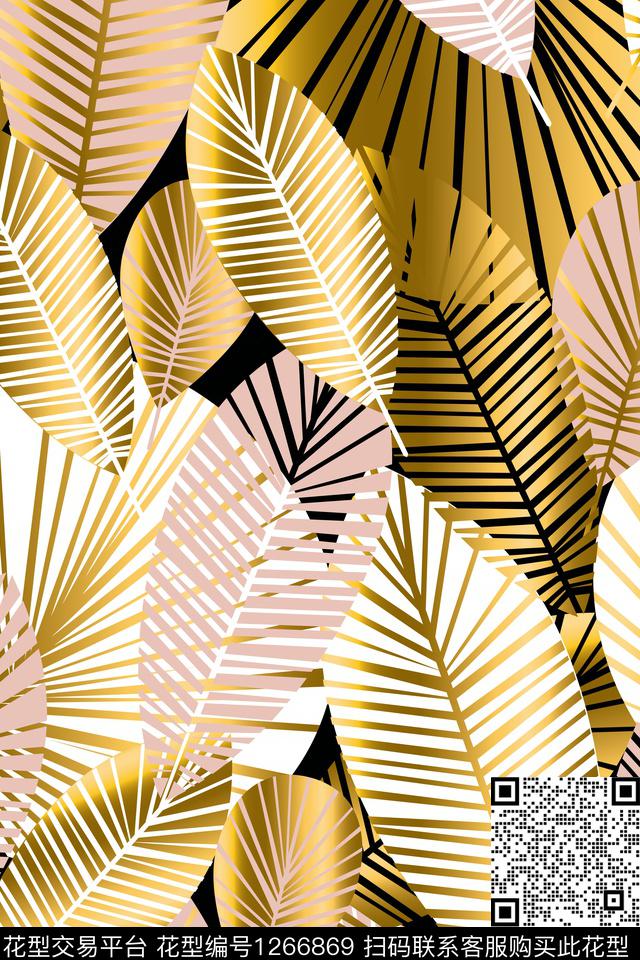 花卉黄金绿植树叶数码印花华亿平台下载（图片编号: 1266869） - 瓦栏（Walan）