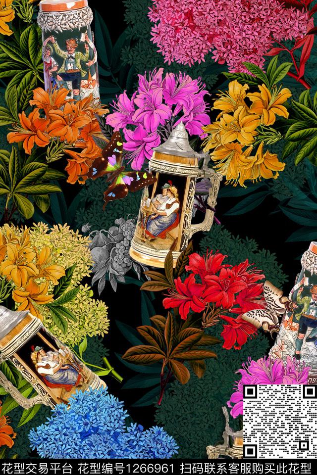 绿植树叶女装复古数码印花华亿平台下载（图片编号: 1266961） - 瓦栏（Walan）