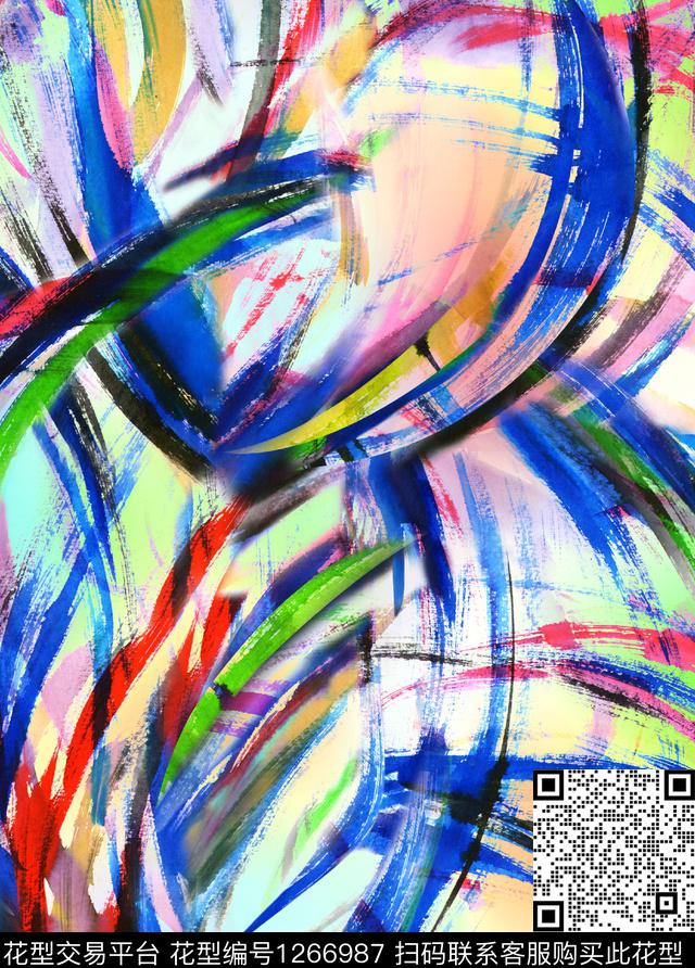 笔触抽象手绘数码印花华亿平台下载（图片编号: 1266987） - 瓦栏（Walan）