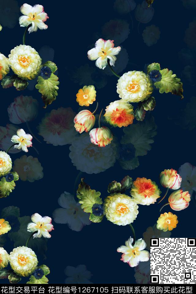 旗袍黑底花卉手绘花卉数码印花华亿平台下载（图片编号: 1267105） - 瓦栏（Walan）