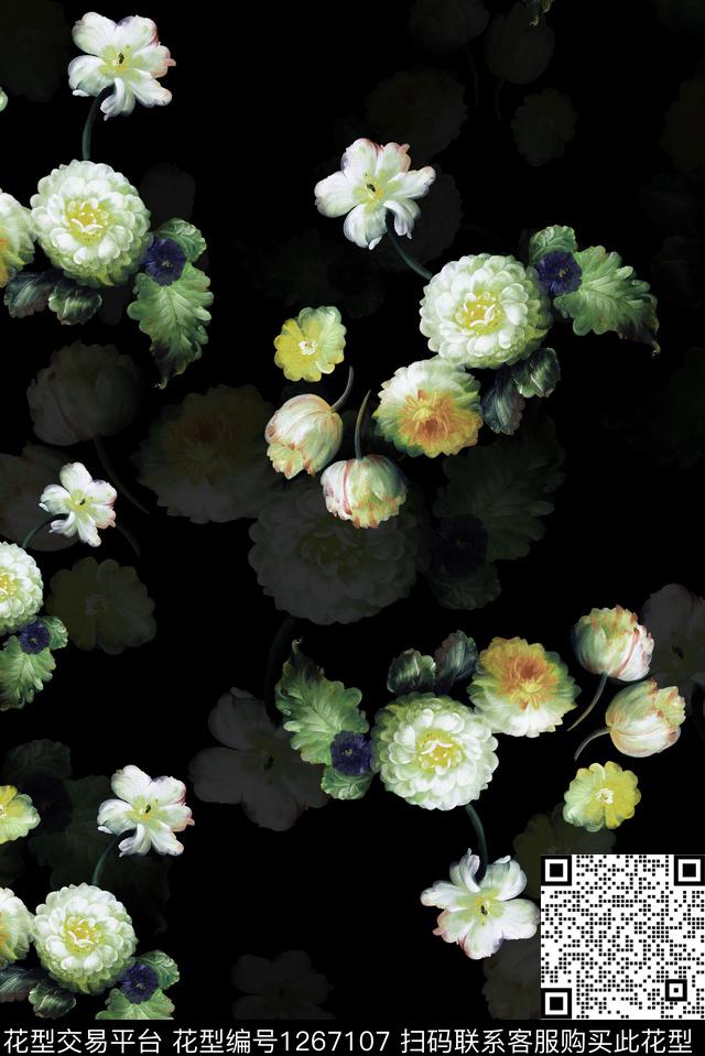 旗袍黑底花卉手绘花卉数码印花华亿平台下载（图片编号: 1267107） - 瓦栏（Walan）