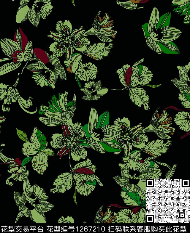 绿植树叶大牌风大花传统印花华亿平台下载（图片编号: 1267210） - 瓦栏（Walan）