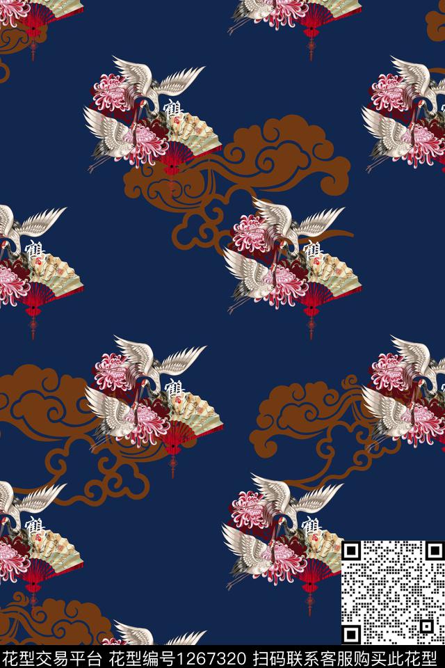 复古中国风仙鹤数码印花华亿平台下载（图片编号: 1267320） - 瓦栏（Walan）