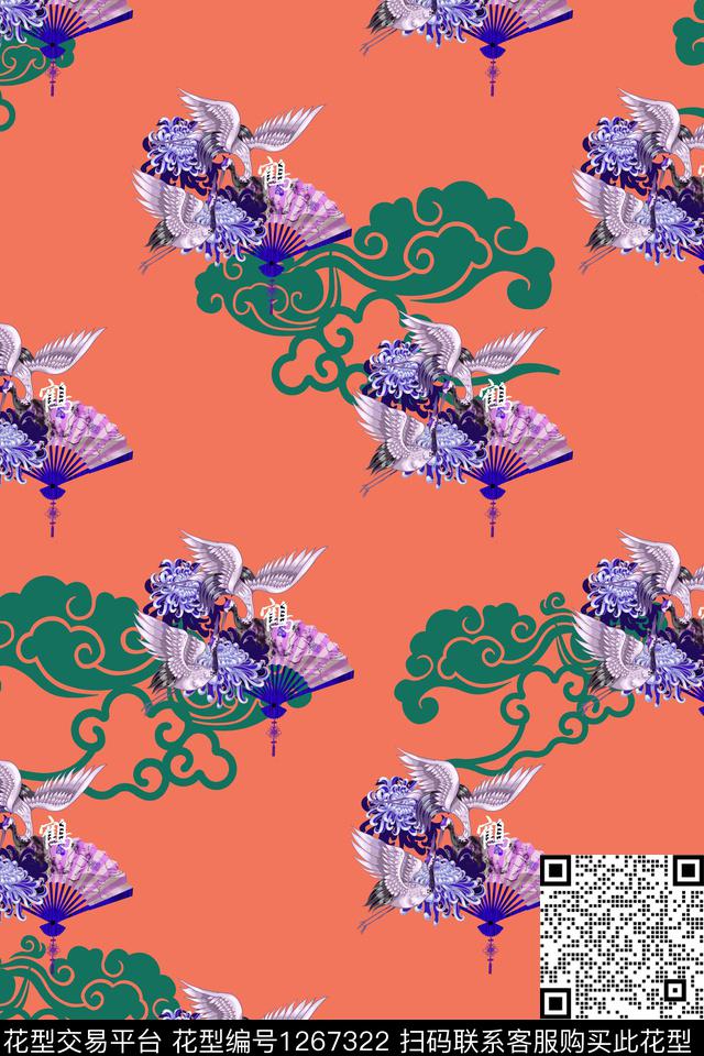 复古中国风仙鹤数码印花华亿平台下载（图片编号: 1267322） - 瓦栏（Walan）