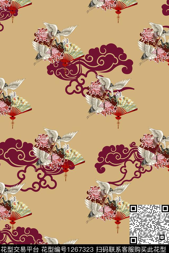 复古中国风仙鹤数码印花华亿平台下载（图片编号: 1267323） - 瓦栏（Walan）