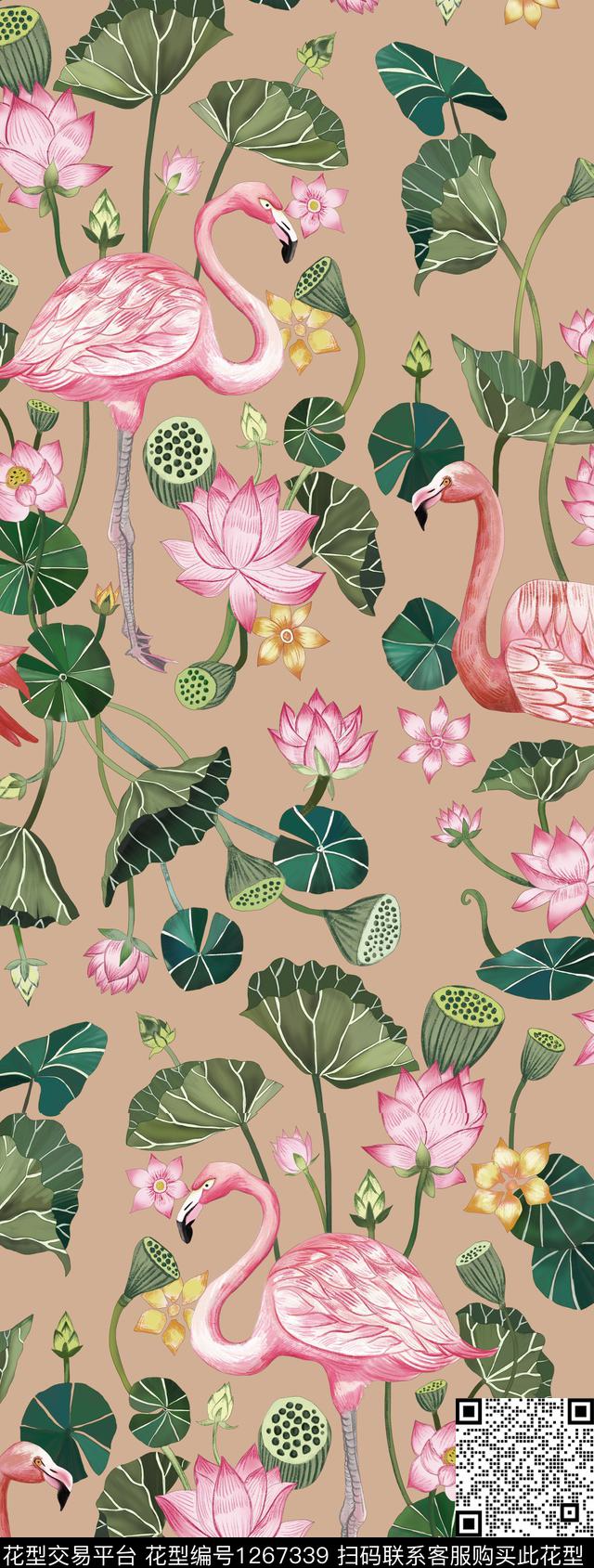 鸟火烈鸟植物数码印花华亿平台下载（图片编号: 1267339） - 瓦栏（Walan）