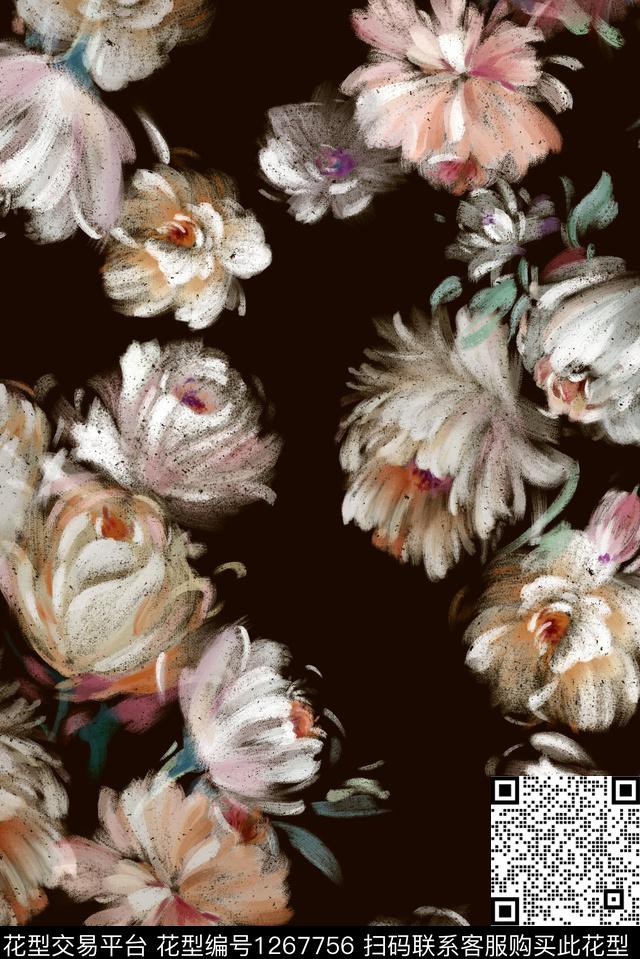 黑底花卉花卉大花数码印花华亿平台下载（图片编号: 1267756） - 瓦栏（Walan）