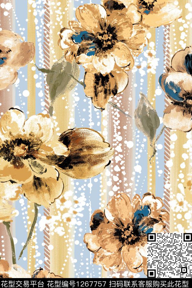 花卉大花条纹数码印花华亿平台下载（图片编号: 1267757） - 瓦栏（Walan）