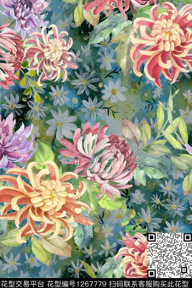 复古菊花绿植树叶数码印花华亿平台下载（图片编号: 1267779） - 瓦栏（Walan）