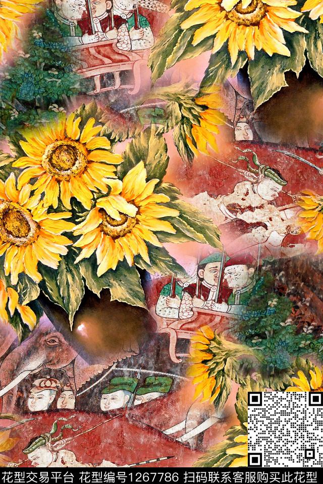 复古向日葵秋冬华亿平台数码印花华亿平台下载（图片编号: 1267786） - 瓦栏（Walan）