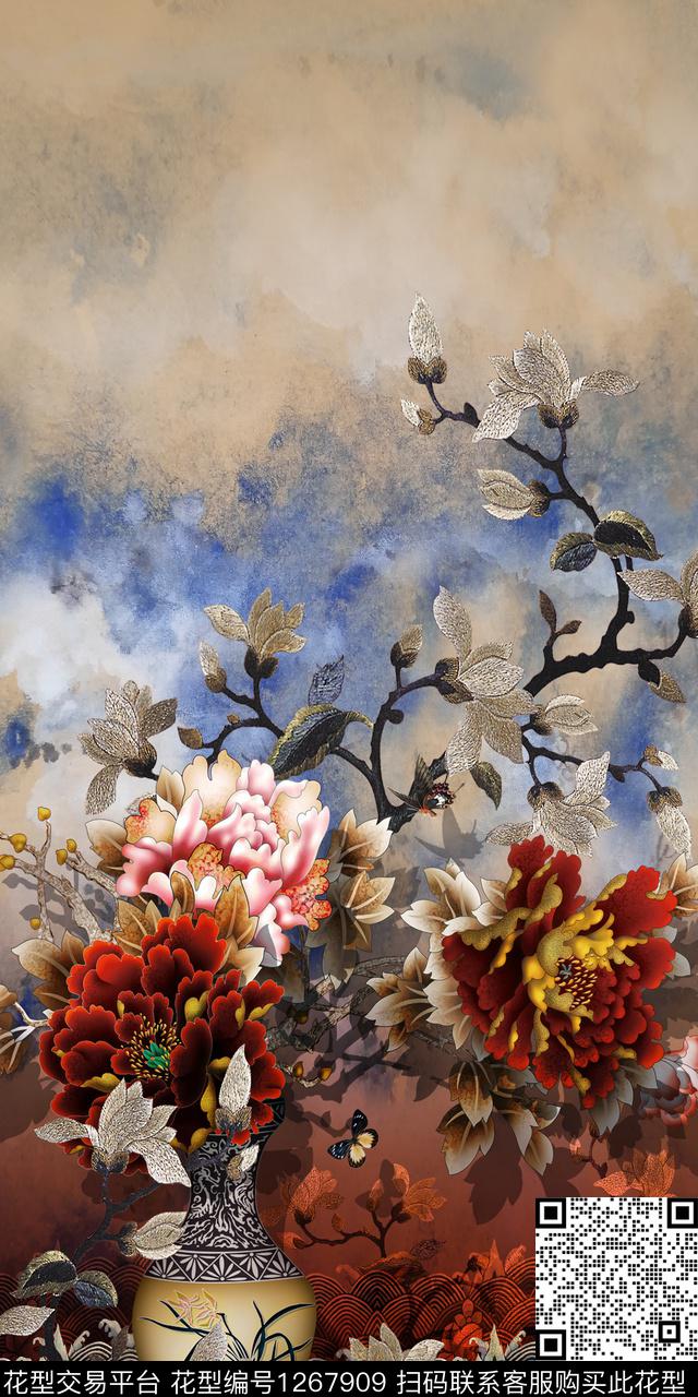 中国风定位花牡丹复古旗袍华亿平台数码印花华亿平台下载（图片编号: 1267909） - 瓦栏（Walan）