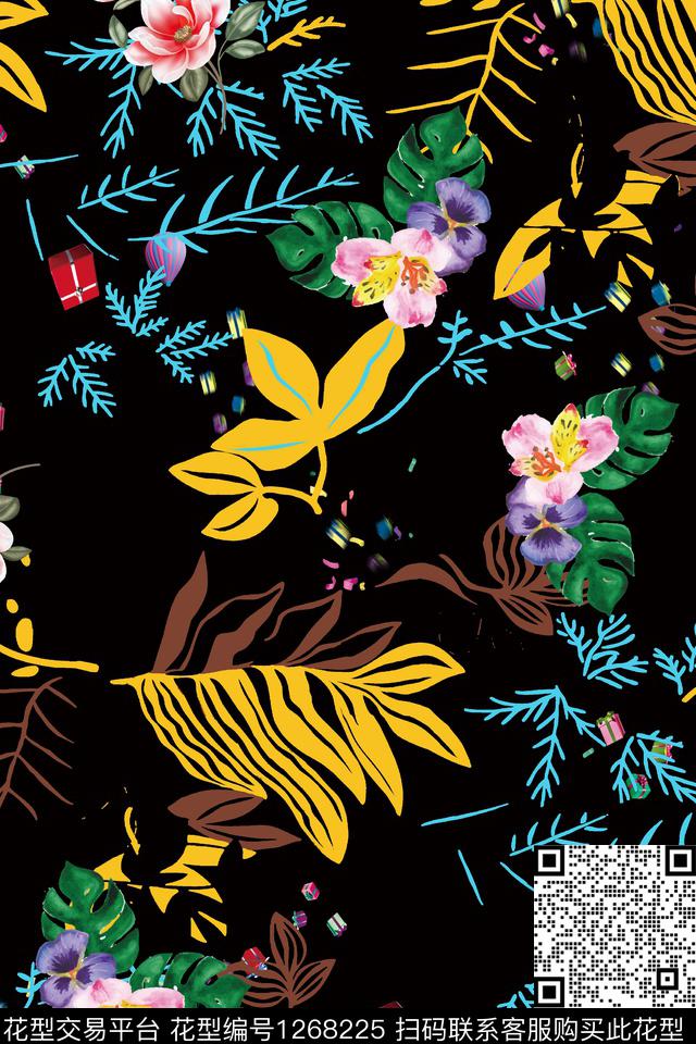 复古女装绿植树叶数码印花华亿平台下载（图片编号: 1268225） - 瓦栏（Walan）