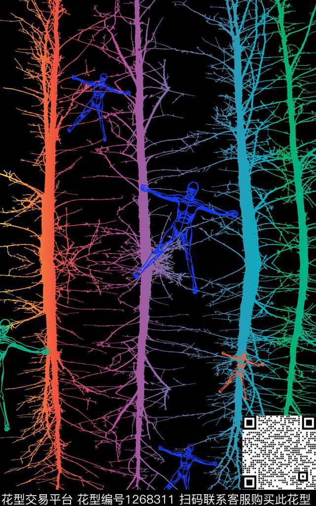 黑底花卉人物潮牌传统印花华亿平台下载（图片编号: 1268311） - 瓦栏（Walan）