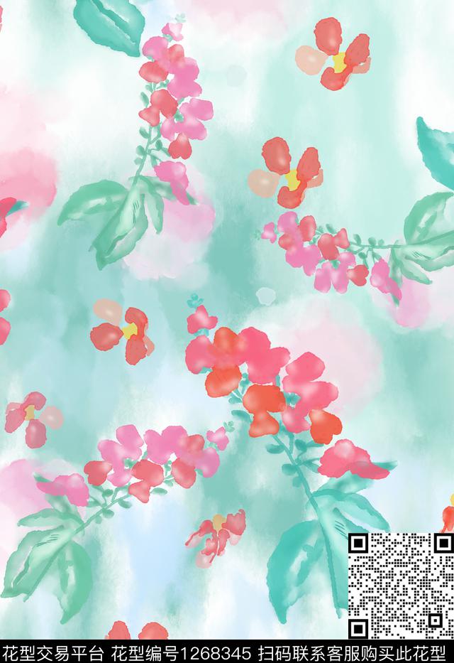 水彩花卉植物数码印花华亿平台下载（图片编号: 1268345） - 瓦栏（Walan）