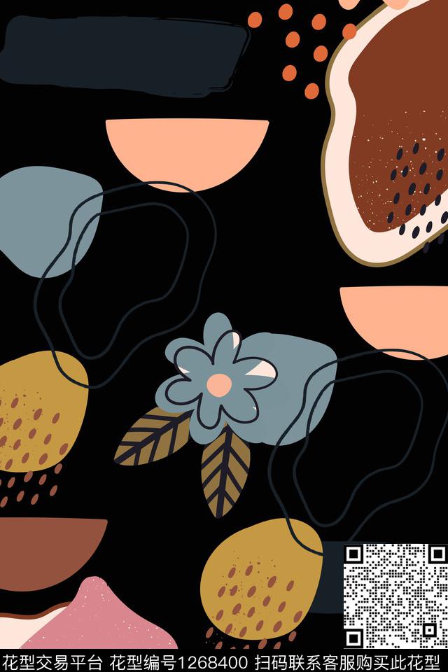 涂鸦花卉几何数码印花华亿平台下载（图片编号: 1268400） - 瓦栏（Walan）