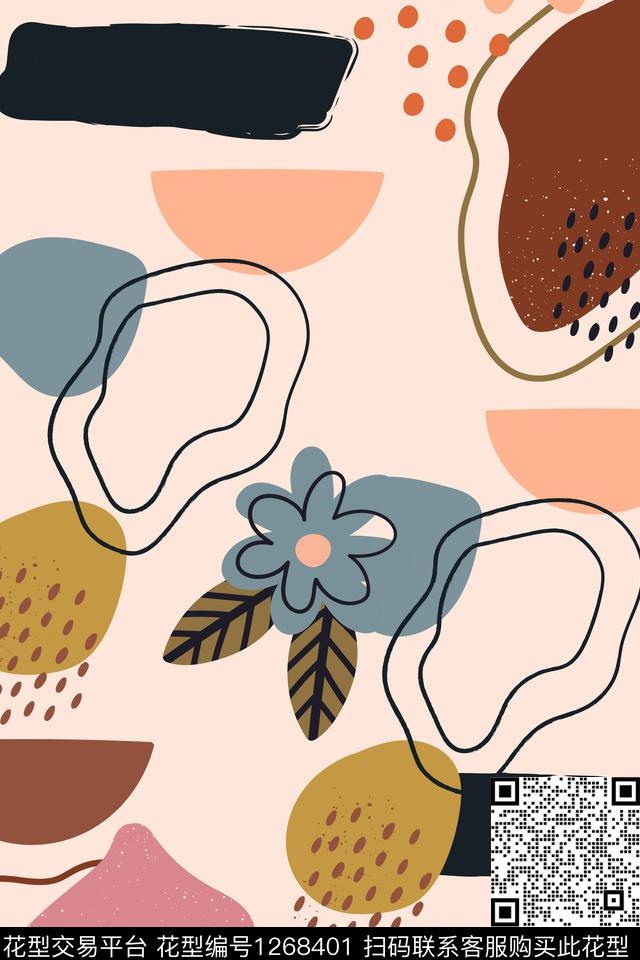 涂鸦花卉几何传统印花华亿平台下载（图片编号: 1268401） - 瓦栏（Walan）