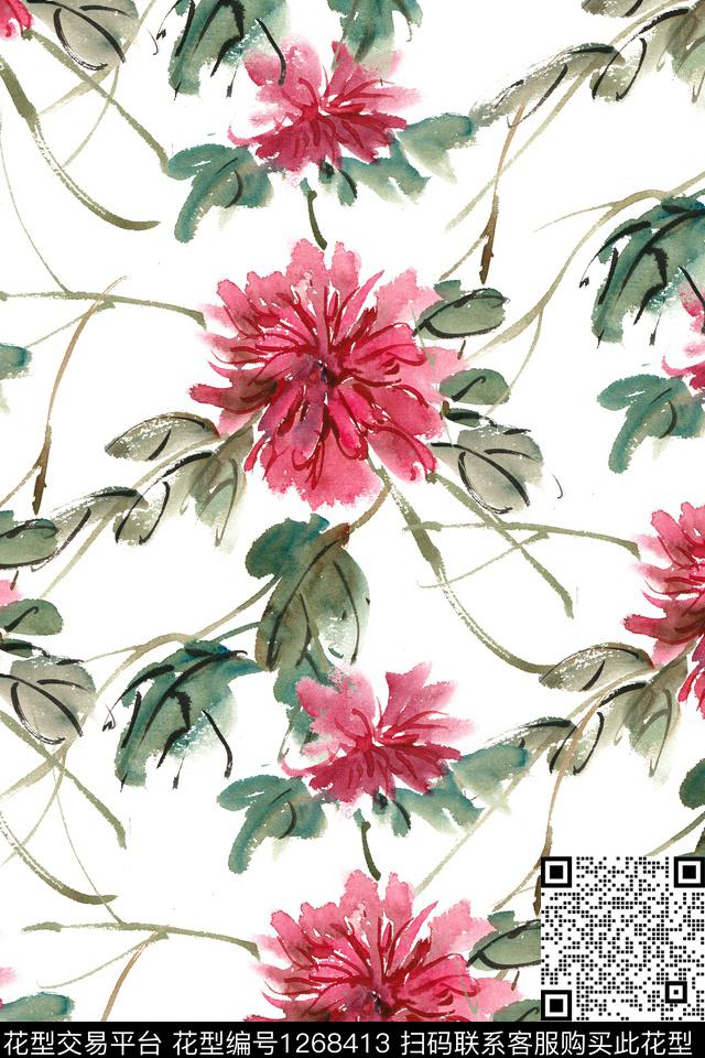 水彩花卉水墨风数码印花华亿平台下载（图片编号: 1268413） - 瓦栏（Walan）
